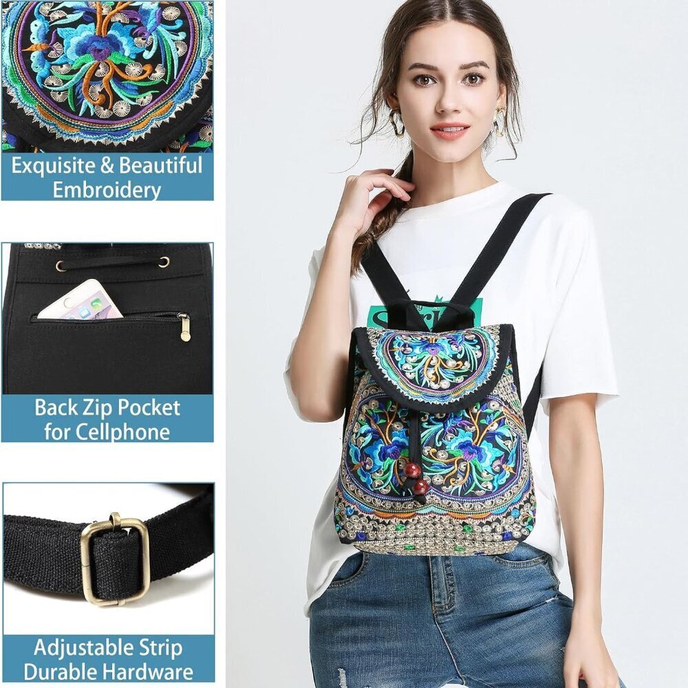 Vintage Embroidered Women Backpack Ethnic Travel Handbag Shoulder Bag, 12x10x5 i - Picture 6 of 7